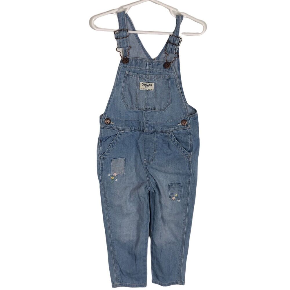 OshKosh B'gosh Blue Denim Floral Embroidered Vestbak Overalls Girls 2T